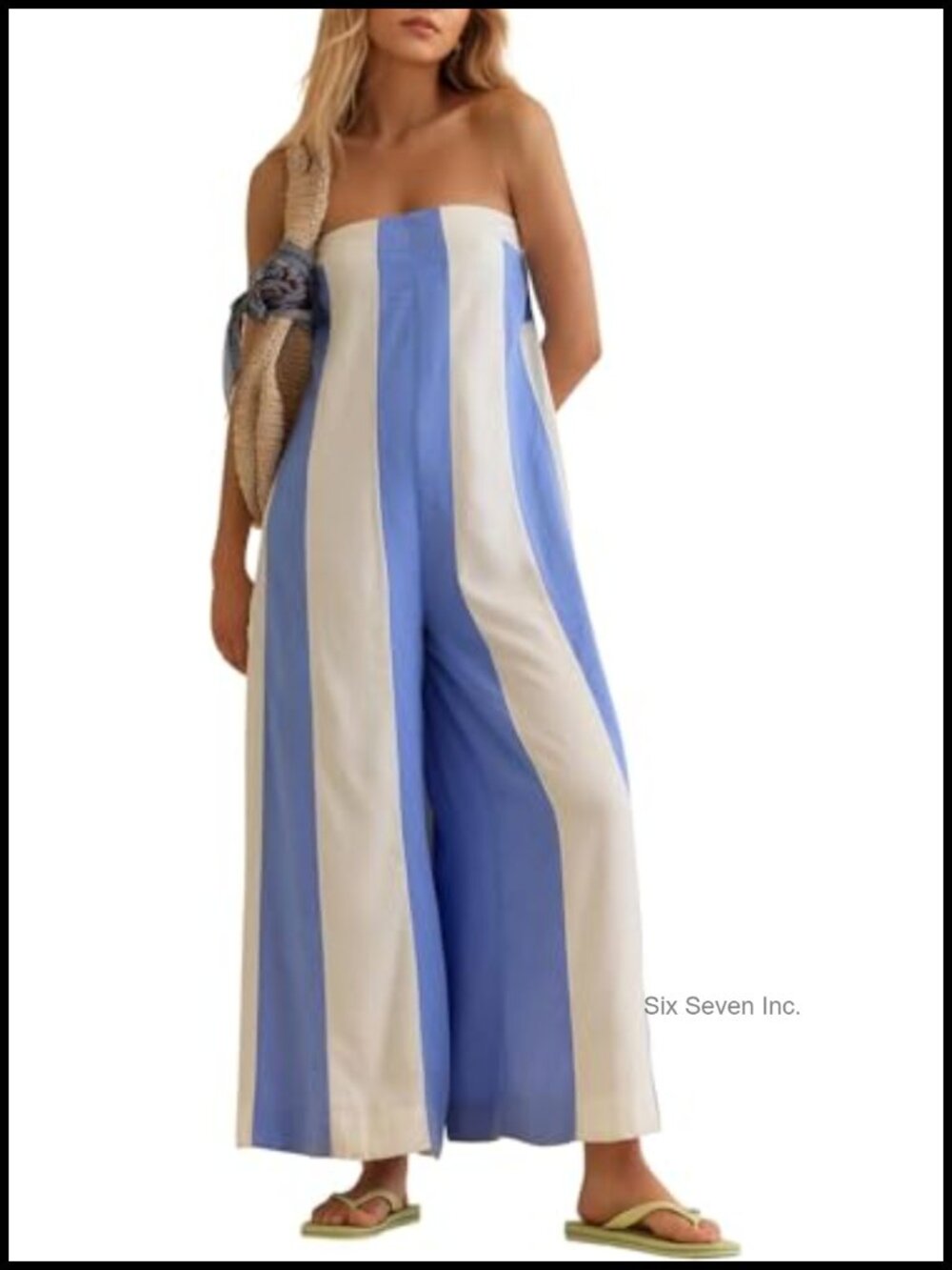 Striped Strapless Wide Leg Linen Jumpsuit Sleeveless Long Romper